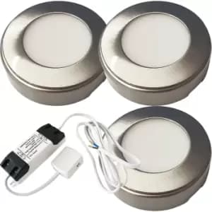 Image of 3x BRUSHED NICKEL Round Surface or Flush Under Cabinet Kitchen Light & Driver Kit - Natural White LED