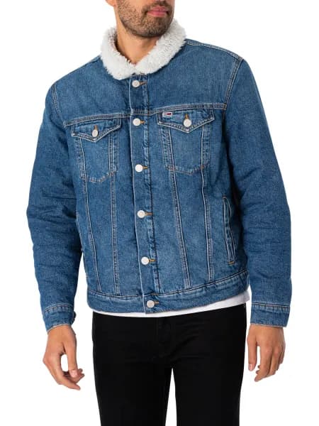 Image of Tommy Hilfiger Regular Sherpa Flag Trucker Denim Jacket - L