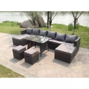Image of Fimous 5 Seater Outdoor Dark Grey Rattan Lounge Complete Sofa Set with Dining Table, 2 Stools and 2 Big Footstool
