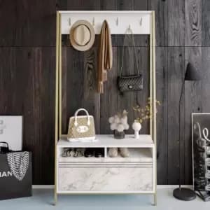 Image of Decorotika Devin Hat And Coat Stand Hallway Shoe Rack And Bench With Storage Organiser With Metal Hooks,Metal Frame-White Marble Pattern And Gold