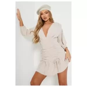 Image of I Saw It First Woven Ruched Detail Puff Sleeve Mini Dress - Brown
