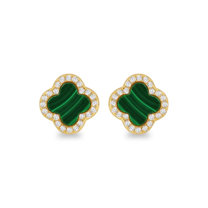 Image of Be You Silver Gold Plated Clover Malachite & CZ Studs Earrings One Size Yellow Gold Plated 72734390000