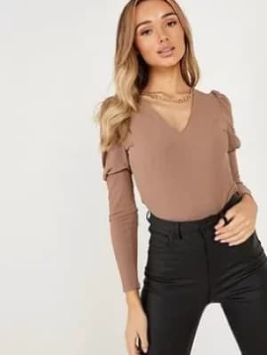 Image of Quiz Ribbed Puff Sleeve Chain, Light Brown, Size 6, Women