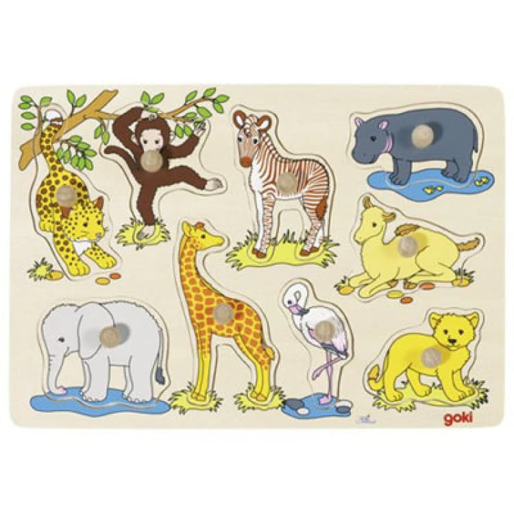 Image of Goki Lift-Out Wooden Animal Puzzle - Zoo Giraffe Camel Flamingo