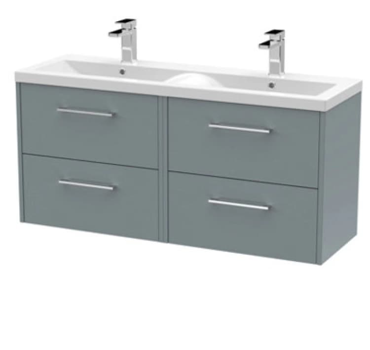 Image of Hudson Reed Fluted Wall Hung 4-Drawer Vanity And Double Vitreous China Basin, Contemporary Sink Vanity Unit, Coastal Greymm