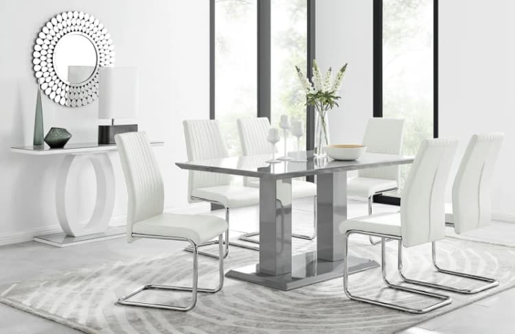 Image of FurnitureboxUK FurnitureboxUK Imperia Grey Modern High Gloss Dining Table And 6 Lorenzo Dining Chairs Set in Off White Off White One Size Unisex 50565