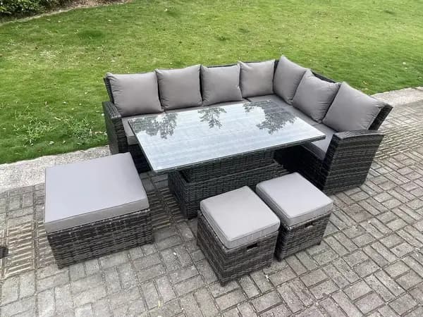 Image of Fimous 6 Seater Outdoor Dark Grey High Back Rattan Lounge Complete Sofa Set with Adjustable Dining Table, 2 Stools and Big Footstool
