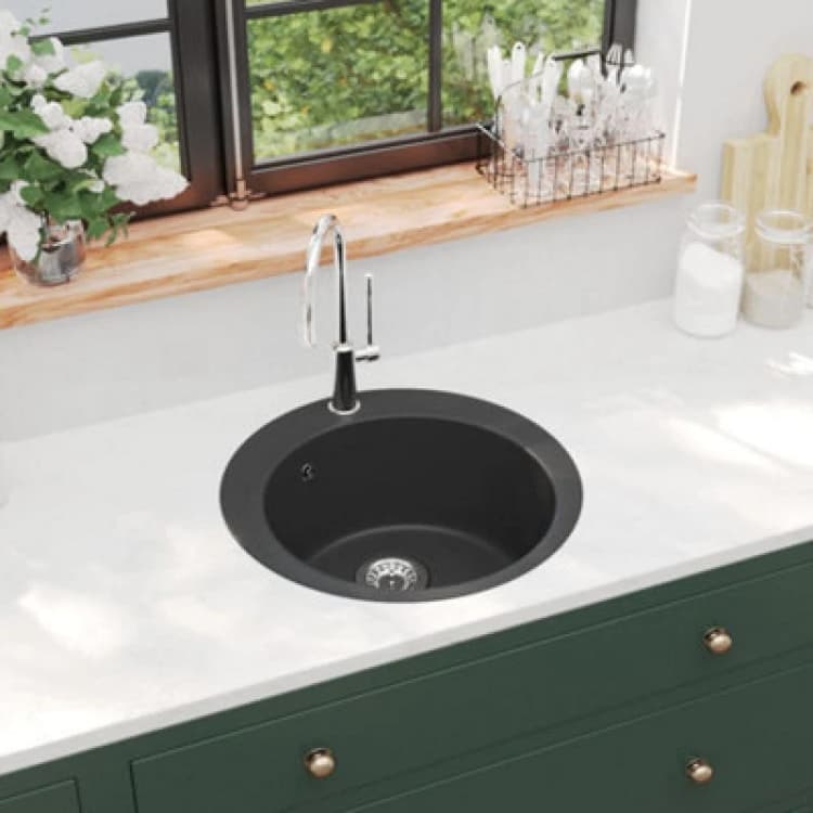 Image of Vidaxl Granite Kitchen Sink Single Basin Round Black Kitchen Sinks