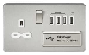 Image of KnightsBridge 13A 2G Screwless Brushed Chrome 1G Switched Socket with Quad 5V USB Charger Ports - White Insert