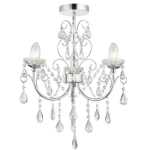 Image of Flush Bathroom Ceiling Light IP44 Chrome & Crystal 3 Lamp Bulb Hanging Pendant