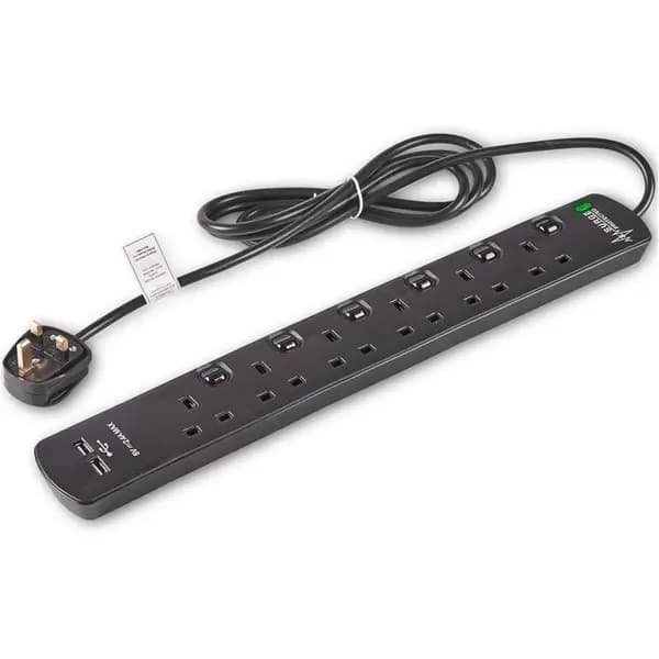 Image of VonHaus VonHaus 6 Gang + 2 USB Extension Lead - Black One Size