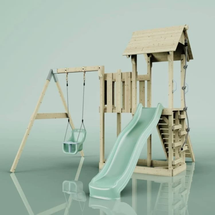 Image of OutdoorToys PolarPlay Balcony Tower Kids Wooden Climbing Frame - Swing Calder Sage in Beige Beige Unisex