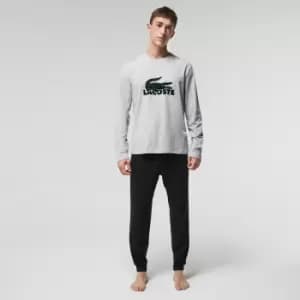Image of Lacoste Mens Velvet Logo Long Pyjama Set Size 3 - S Navy Blue / Grey Chine / Green