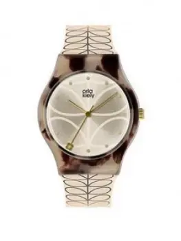 Image of Orla Kiely Orla Kiely Bobby Champagne And Mink Tortoise Shell Dial Cream And Grey Stem Print Strap Ladies Watch