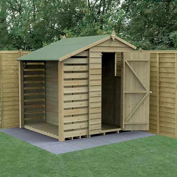Image of 6' x 4' Forest 4Life 25yr Guarantee Overlap Pressure Treated Apex Wooden Shed with Lean To (1.88m x 2.01m)