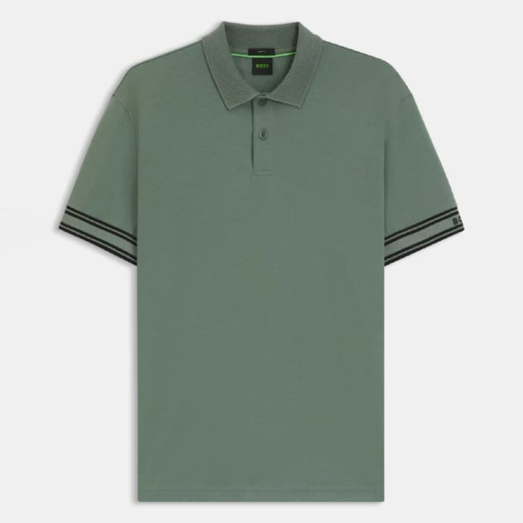 Image of Boss Zone Stripe Cuff Polo Shirt Green male S