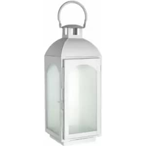 Image of Small Mild Steel Lantern White Wash Finish Frosted Glass Detail Small Size Display Pillar Candle 16 x 45 x 17 - Premier Housewares