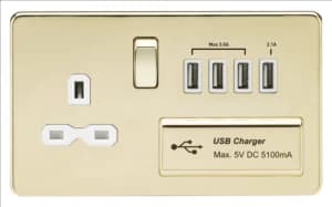 Image of KnightsBridge 13A 2G Screwless Polished Brass 1G Switched Socket with Quad 5V USB Charger Ports - White Insert