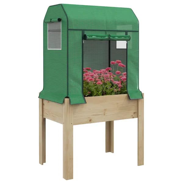 Image of Wooden Raised Planter Garden Bed with Greenhouse Cover and Bed Liner