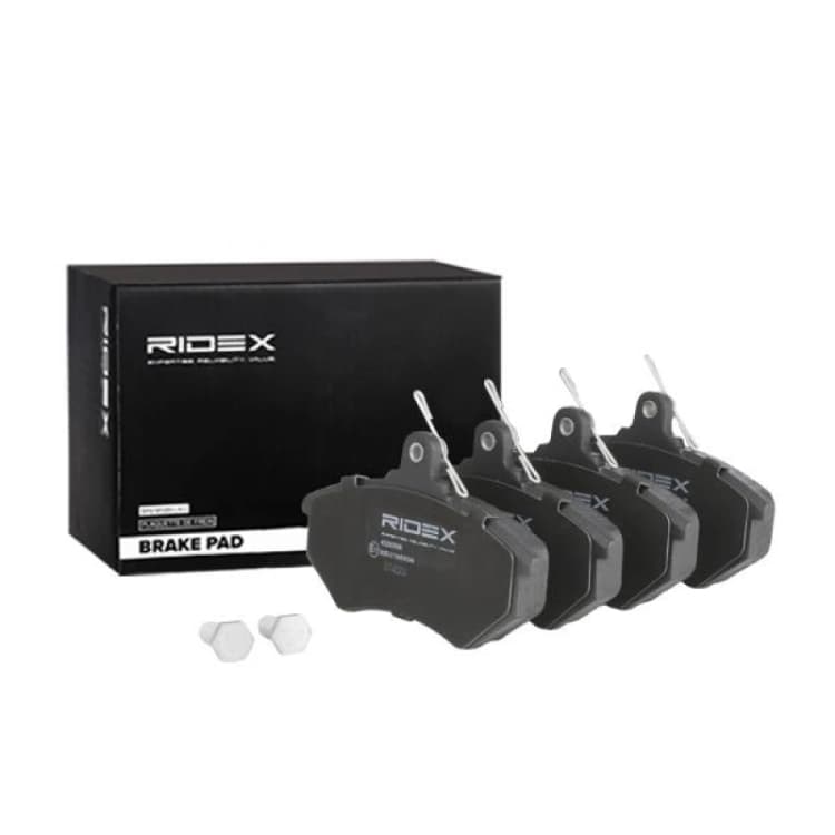 Image of RIDEX 402B0958 Brake pad set Front Axle, not prepared for wear warning indicator, with spring, with anti-squeak plate Brake Pad Set,disc brake (402)