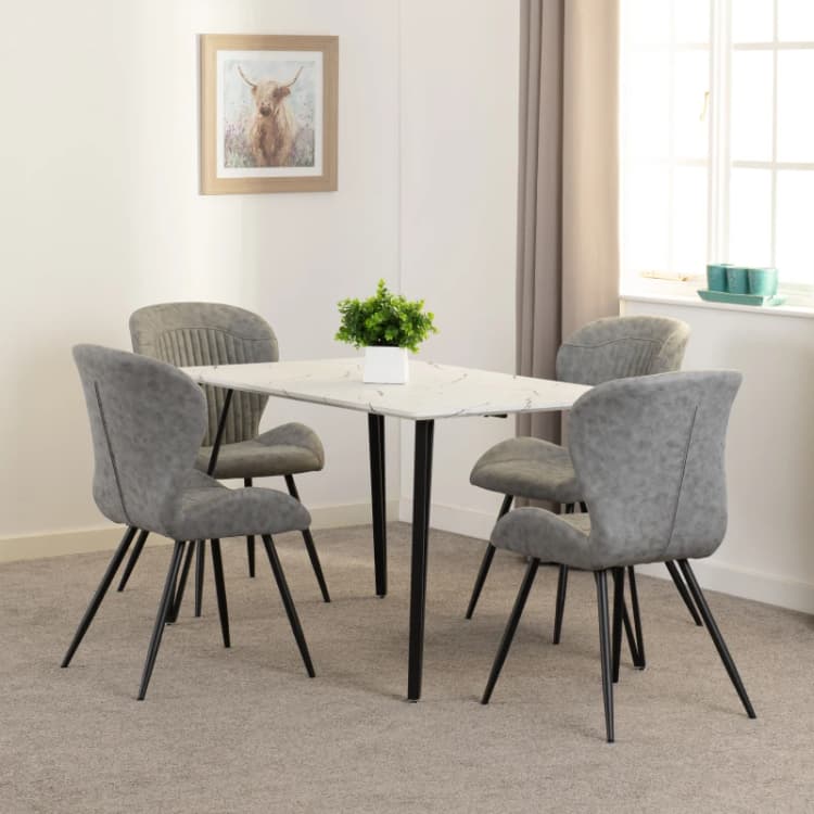 Image of Seconique Marlow & Quebec Dining Set (x4 Chairs) - White Marble/Grey Pu, White 400-401-332