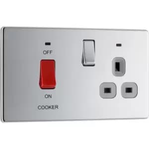 Image of BG Nexus Flatplate Screwless Polished Chrome 2 Gang 45A Cooker Switch & 13A Switched Socket With Grey Inserts & Neon - FPC70G