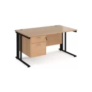 Image of Office Desk Rectangular Desk 1400mm With Pedestal Beech Top With Black Frame 800mm Depth Maestro 25 MCM14P2KB