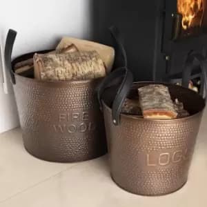 Image of Charles Bentley - Walnut Pair of Fireside Wood Buckets Iron Leather Antique Brass Leather Handles - Black