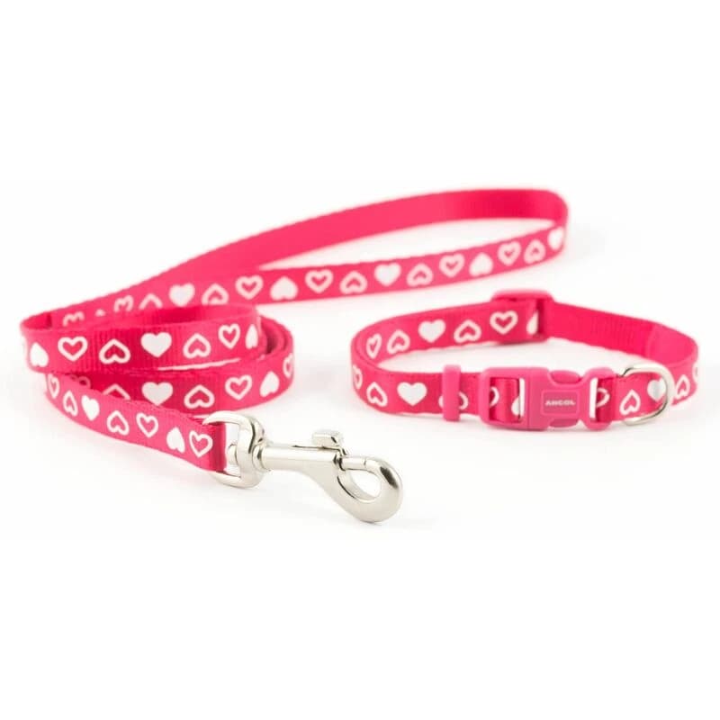 Image of Ancol Heart Print Lightweight Comfy Adjustable 20-30cm Dog Collar Lead Set Raspberry