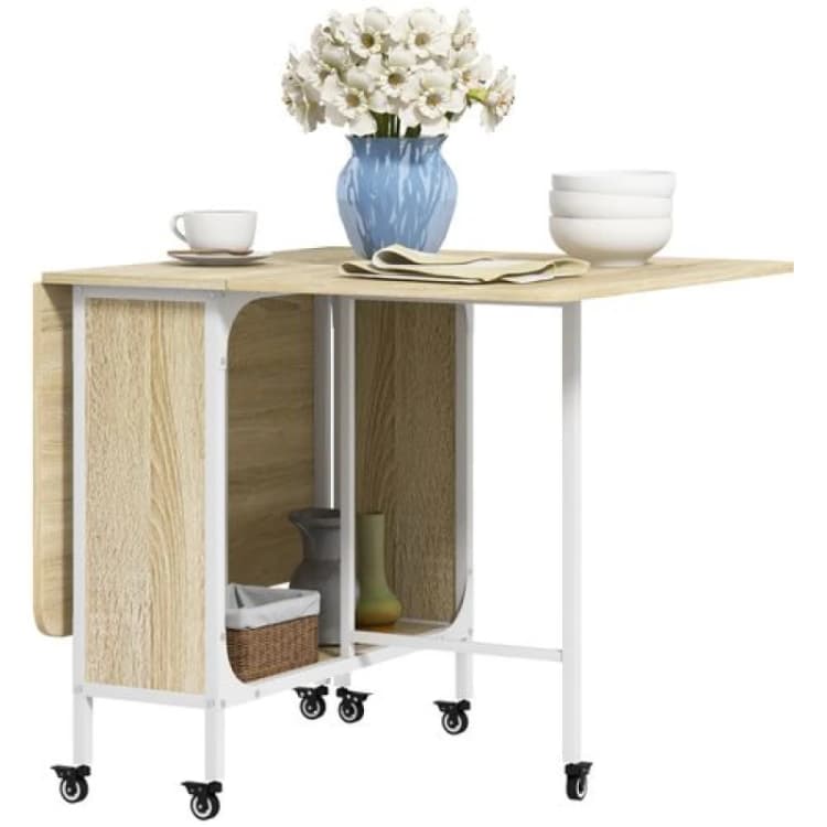 Image of HOMCOM Mobile Drop Leaf Dining Table on Wheels with Storage Shelf Dark Brown