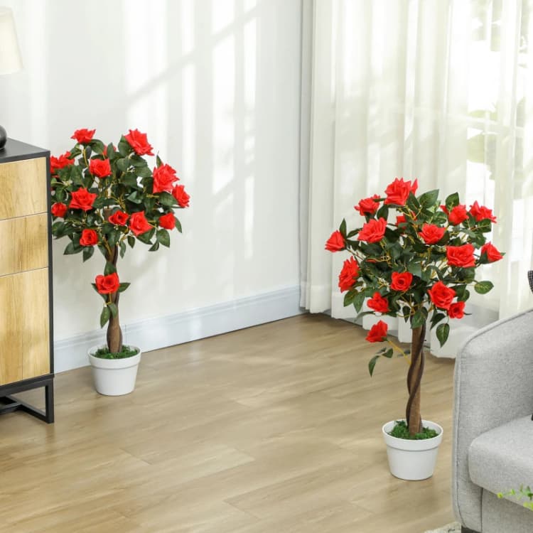 Image of Outsunny Set of 2 90cm Artificial Rose Tree - Fake Decorative Plant - Red and Green TJ Hughes Yellow 5061025081639