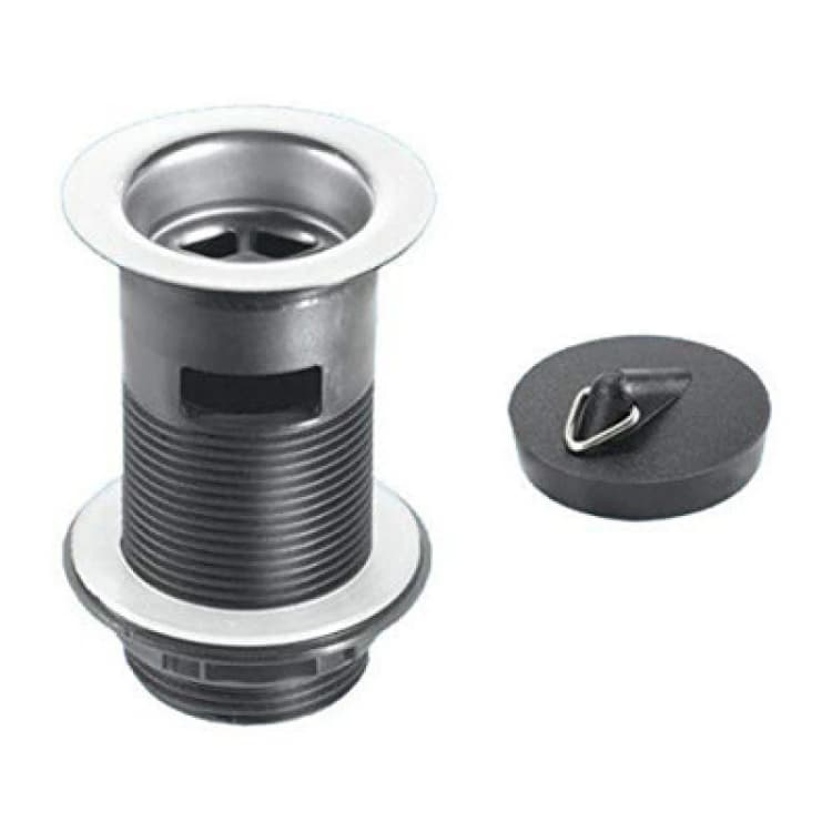 Image of McAlpine BSW12T 1.25" Black Plastic Slotted Basin Waste - Backnut Model: 60mm Stainless Steel Flange x 3.5" Tail with Black PVC Plug Black