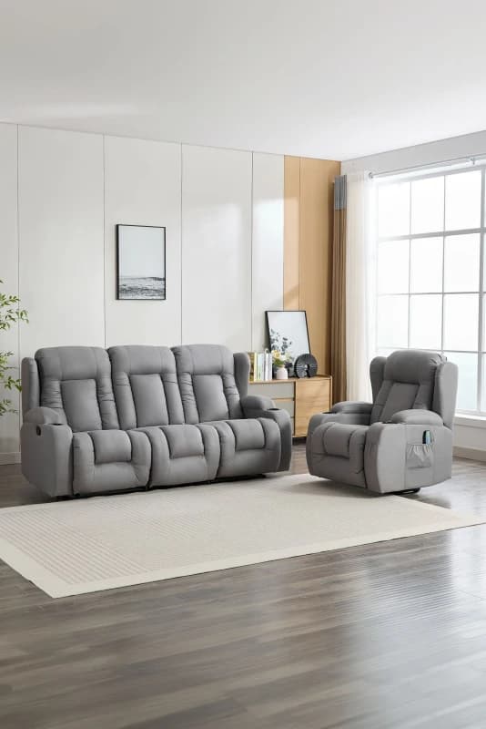 Image of More4Homes Caesar 1+3 Seater Grey Technology Fabric Modern Manual Recliner Sofa Set Grey