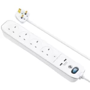 Image of Masterplug 4 Socket 2m Switched Inline Surge Extension Lead + USB (2 port 3.1A) - Gloss White