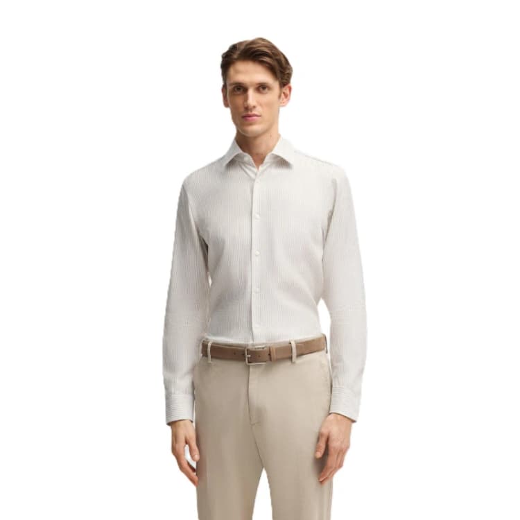 Image of Boss Mens H Hank Kent Long Sleeve Oxford Shirt Beige male 15.7 inch