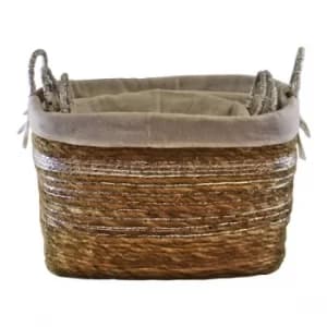 Image of Set Of 3 Fabric Lined Raffia & Silver Baskets