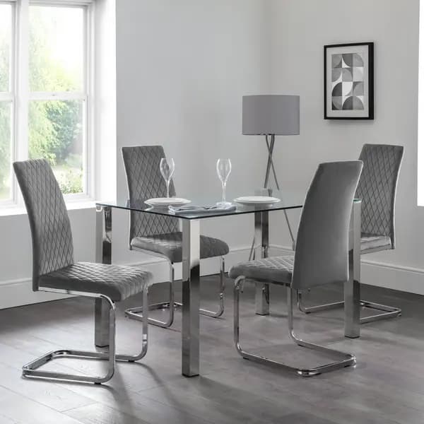 Image of Enzo Rectangular Glass Top Dining Table with 4 Calabria Chairs Grey