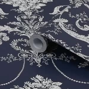 Image of Laura Ashley Josette Midnight Damask Smooth Wallpaper