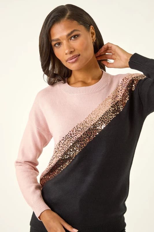 Image of Roman Sequin Embellished Colourblock Jumper Black
