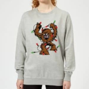 Image of Star Wars Tangled Fairy Lights Chewbacca Womens Christmas Sweatshirt - Grey - 3XL