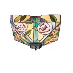Image of 2 Light Medium Ceiling Flush Light Dark Bronze, Tiffany Style Glass, E27