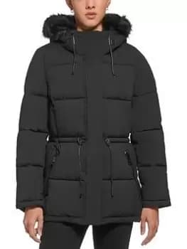Image of DKNY Mid Length Padded Jacket With Faux Fur Collar, Black, Size L, Women