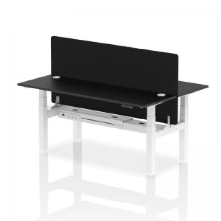 Image of Air Back - to - Back 1800 x 600mm Height Adjustable 2 Person Bench Office Desk Black Top - Cable Ports White Frame - Black Straight Screen