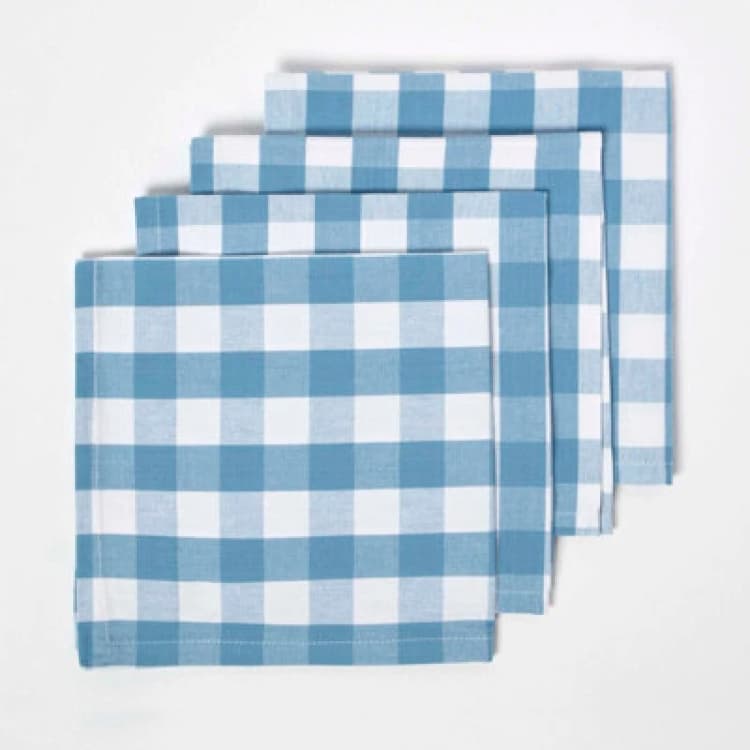Image of Homescapes Block Check Cotton Gingham Napkins, Set of 4 Blue