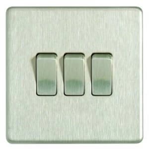 Image of Wickes 10A Light Switch 3 Gang 2 Way Brushed Steel Screwless Flat Plate