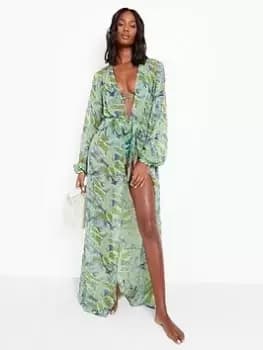 Image of Boohoo Chiffon Maxi Beach Kimono - Blue Size L, Women