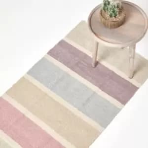 Image of Cotton Chenille Striped Rug Blue Beige Purple Grey Natural, 66 x 200cm - Multi Colour - Homescapes