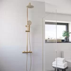 Image of Brass Thermostatic Mixer Bar Shower with Round Overhead & Handset - Equate