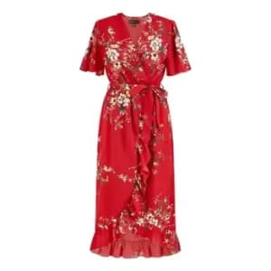 Image of Mela London Red Floral Dip Hem Wrap Midi Dress - Red