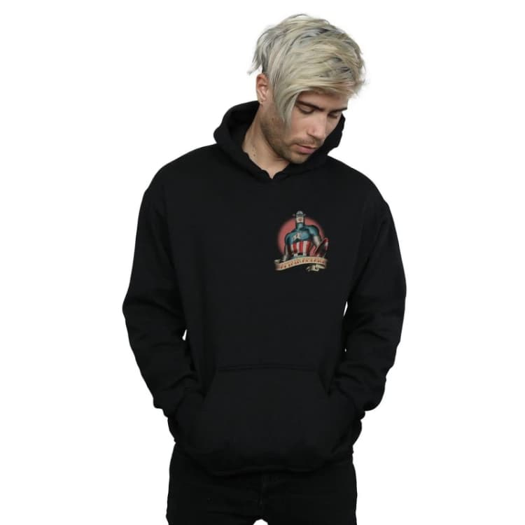 Image of Marvel Marvel Men Captain America Tattoo Breast Print Hoodie in Black Size: Small Black S Male 5059308449009